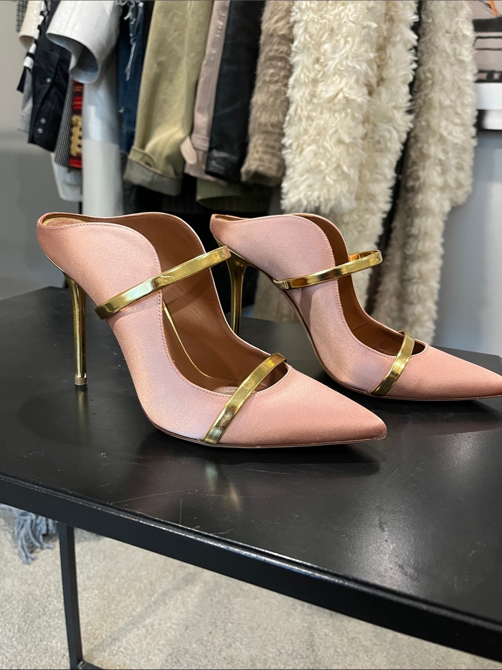Malone Souliers Pink Satin Pointed Mules with Gold Straps